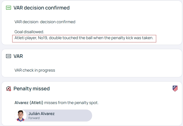  官方明確！歐冠官網(wǎng)：阿爾瓦雷斯罰點時2次觸球，VAR決定進球無效