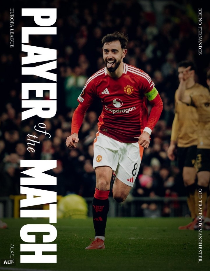  毋庸置疑，曼聯(lián)官方：上演帽子戲法的B費當選本輪歐聯(lián)隊內(nèi)最佳