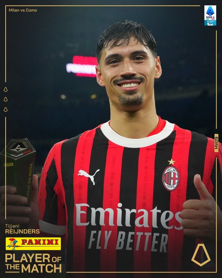  傳射建功！官方：賴因德斯當(dāng)選米蘭vs科莫全場(chǎng)最佳球員