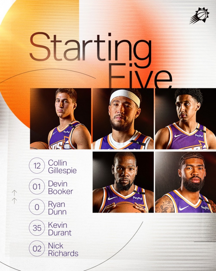  今日對陣猛龍！太陽首發(fā)：吉萊斯皮、布克、鄧恩、KD、理查茲