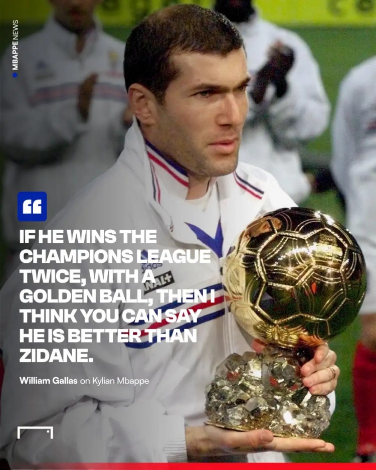  加拉：姆巴佩數(shù)據(jù)是超越了齊達(dá)內(nèi)，但他距離齊祖還差2歐冠+1金球