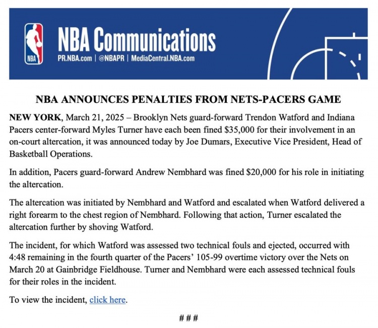  步行者籃網(wǎng)沖突處罰結(jié)果：沃特福德特納均罰款3萬5 內(nèi)姆哈德罰2萬