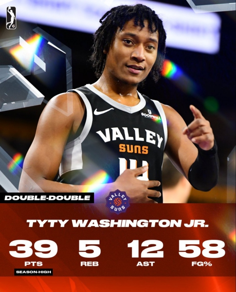  前火箭隊(duì)員！小泰泰-華盛頓G聯(lián)盟26中15爆砍39分5板12助2斷