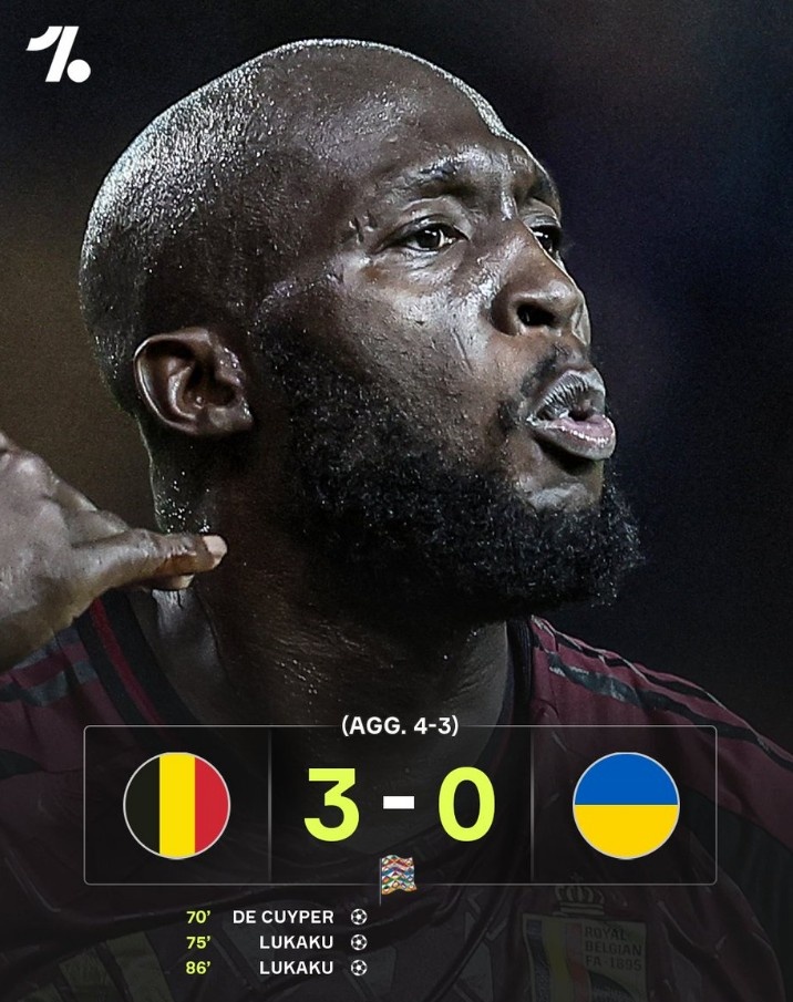  歐國聯(lián)升級賽次回合比利時(shí)3-0擊敗烏克蘭，盧卡庫梅開二度