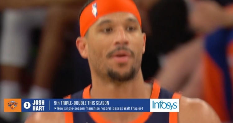  哈特獲本賽季個人第9次三雙 超越弗雷澤&創(chuàng)尼克斯隊史新紀(jì)錄