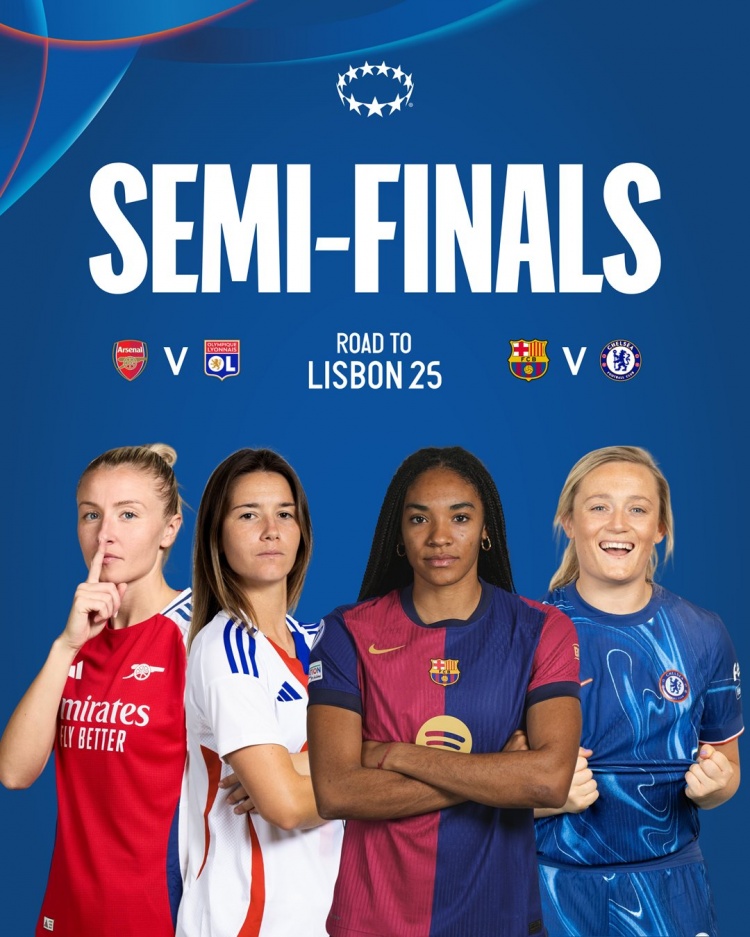 女足歐冠半決賽對(duì)陣：阿森納vs里昂，巴薩vs切爾西