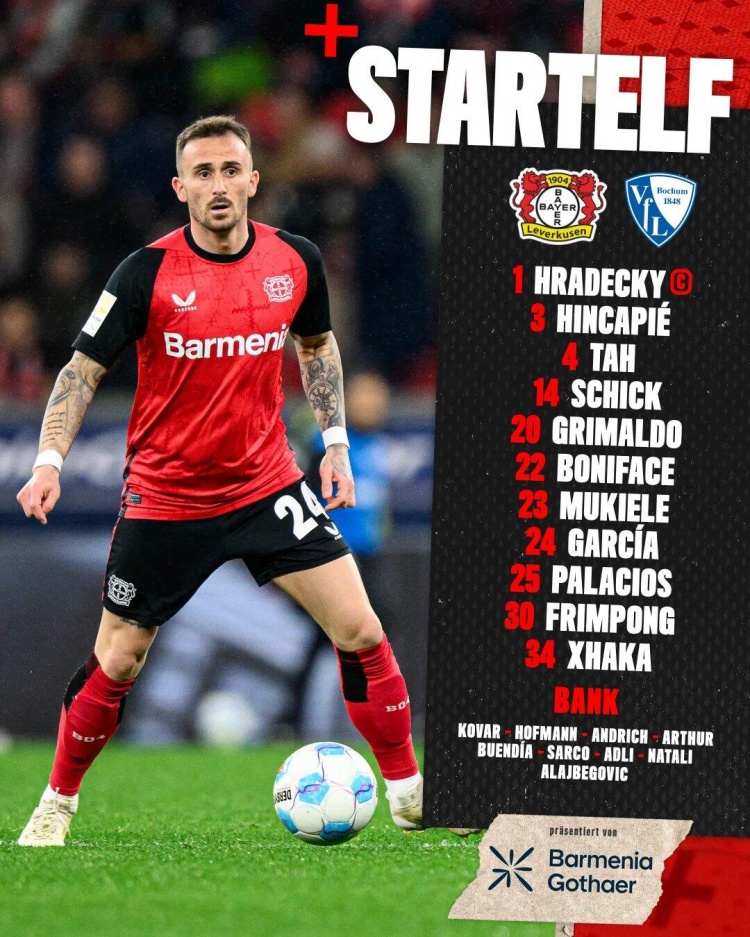  勒沃庫(kù)森vs波鴻首發(fā)：?？?、扎卡先發(fā) 博尼法斯、弗林蓬出戰(zhàn)