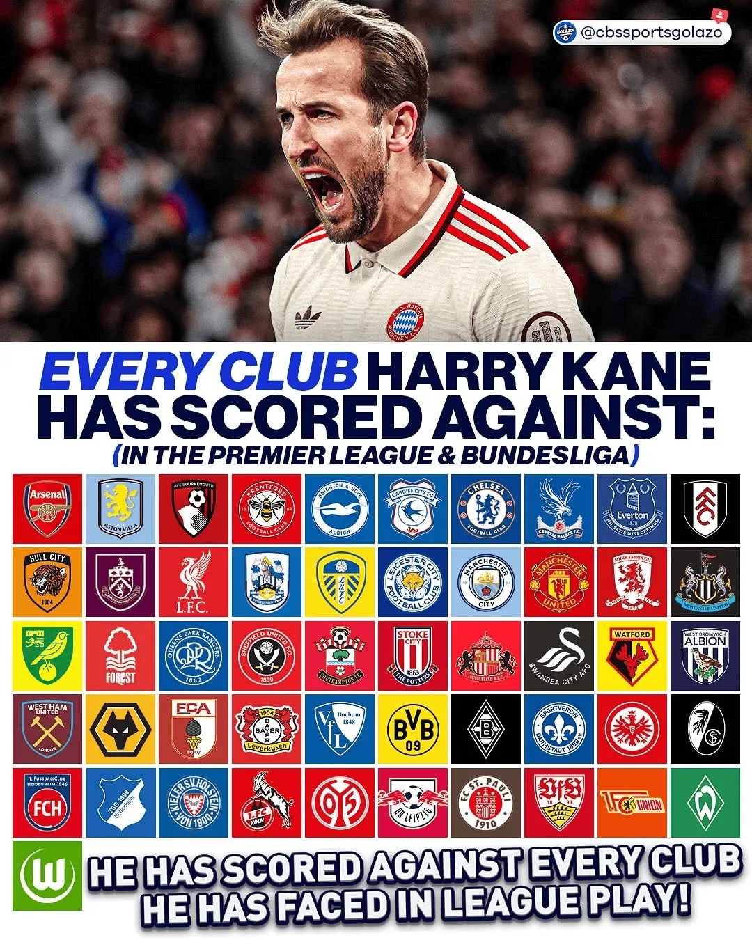  通殺，凱恩德甲、英超對(duì)陣51家俱樂(lè)部均完成破門