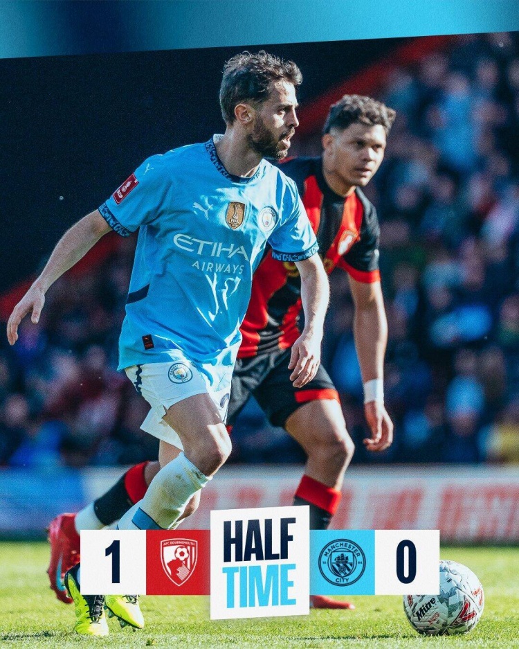  半場-曼城暫0-1伯恩茅斯 哈蘭德失點(diǎn)&失單刀努內(nèi)斯失誤致丟球