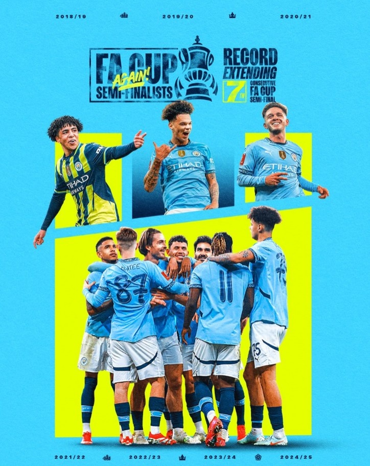  曼城連續(xù)7年晉級(jí)足總杯半決賽，創(chuàng)賽事歷史紀(jì)錄